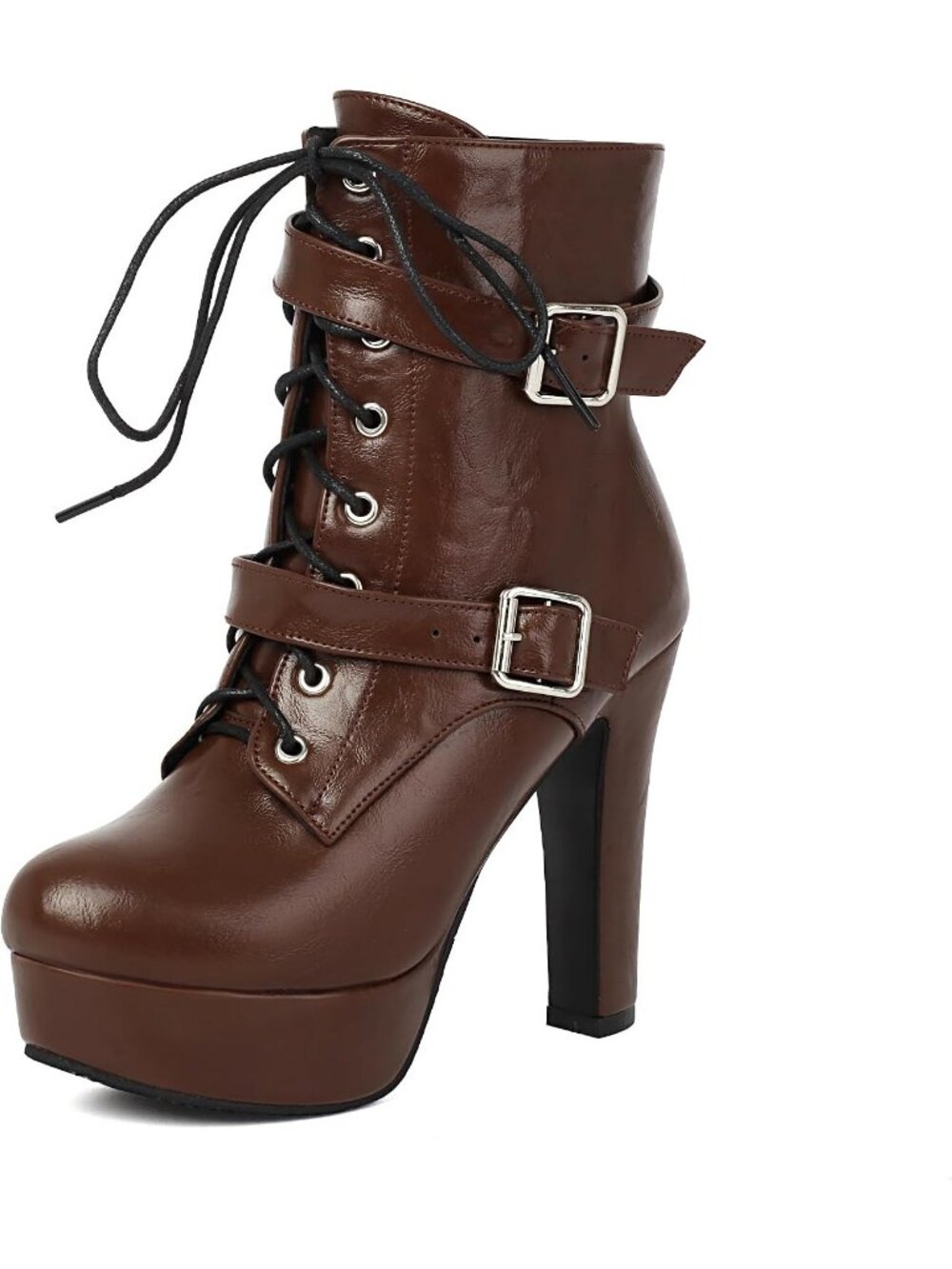 Women's Super High Brown Buckle Rivets Punk Round Toe Zipper Ankle Boots